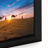 Framed canvas wall art showcasing a vibrant desert landscape design, featuring warm tones of orange and brown, perfect for modern home decor.
