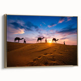 Framed canvas wall art depicting a vibrant desert landscape, featuring warm gold tones and intricate details, perfect for enhancing home decor with a modern aesthetic.