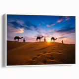 Framed canvas wall art depicting a vibrant desert landscape with warm tones of orange and yellow, showcasing intricate details and textures, ideal for home decor.