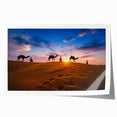 Desert landscape wall art print showcasing vibrant orange and yellow hues, featuring rolling sand dunes and a dramatic sunset, rolled for easy shipment.