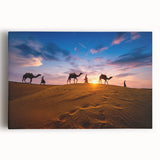 Stretched canvas wall art showcasing a vibrant desert landscape with warm hues of orange and red, ideal for enhancing home decor and creating a serene atmosphere.