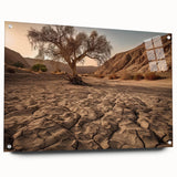 Acrylic glass wall art showcasing a stunning desert landscape design, displayed in a side view with decorative pins. The vibrant colors and intricate details bring a modern touch to any space.