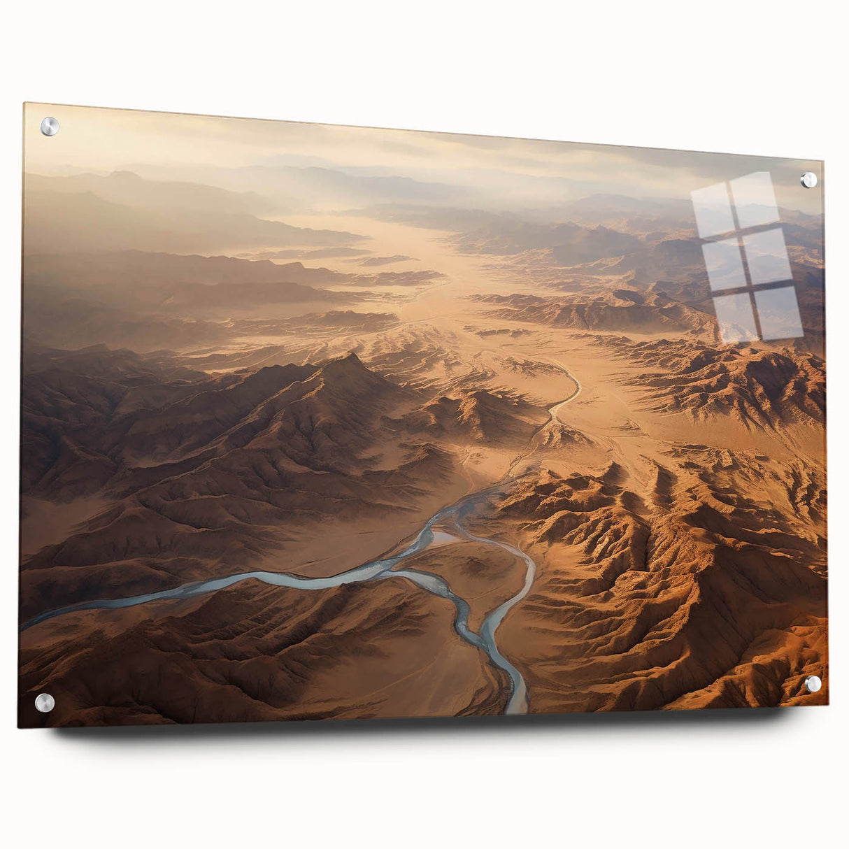 Side view of a modern desert landscape wall art collection displayed in an acrylic glass frame, featuring vibrant colors and intricate details, ideal for home decor.