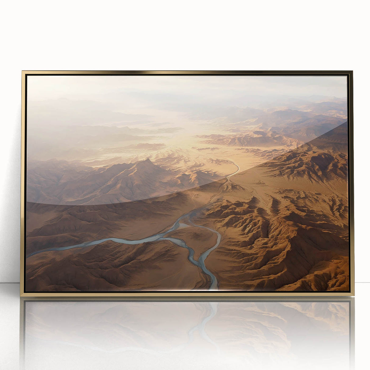 Framed acrylic wall art showcasing a stunning desert landscape design, featuring warm gold tones and intricate details, ideal for home decor enthusiasts.