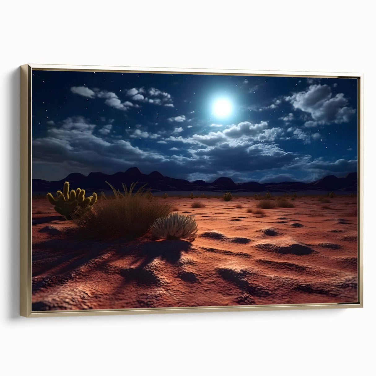 Framed canvas wall art showcasing a stunning desert landscape design with vibrant gold accents, perfect for modern home decor. The artwork highlights warm tones and intricate details, enhancing any living space.