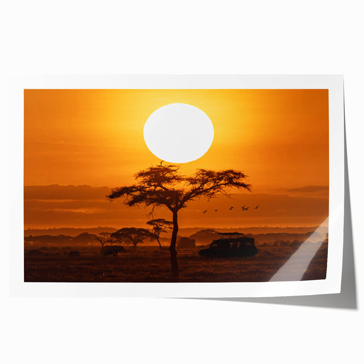 Desert landscape wall art print showcasing vibrant orange and golden hues, ideal for modern home décor. Rolled for easy shipping in a protective tube.