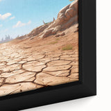 Close-up view of a framed canvas wall art piece featuring a vibrant desert landscape design, showcasing warm earthy tones and intricate details, perfect for home decor.