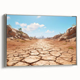 Framed canvas wall art depicting a serene desert landscape with warm earth tones, featuring a silver frame and side view display, ideal for modern home decor.