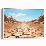 Framed canvas wall art showcasing a vibrant desert landscape design with warm earthy tones, displayed against a white background, perfect for modern home decor.