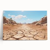 Stretched canvas wall art showcasing a vibrant desert landscape design, featuring warm hues of orange and red, leaning against a neutral wall for a modern aesthetic.