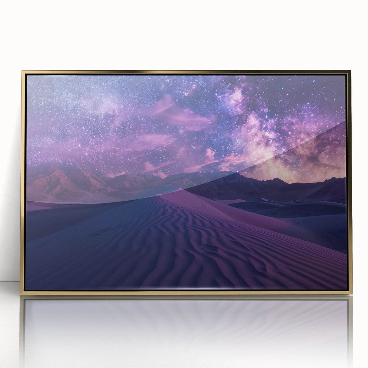 Framed acrylic wall art showcasing a stunning desert landscape design with golden accents, perfect for modern home decor, highlighting warm earthy tones and intricate details.