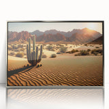 Framed acrylic wall art showcasing a desert landscape design with vibrant colors and intricate details, ideal for modern home decor. The artwork features a dramatic sunset over sand dunes, enhancing any room's aesthetic.