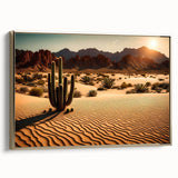 Framed canvas wall art featuring a stunning desert landscape design with golden accents, showcasing vibrant hues of orange and blue, ideal for modern home decor.