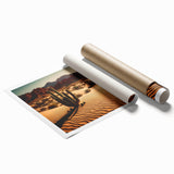 Desert landscape wall art print showcasing vibrant colors and intricate details, perfect for home decor, displayed rolled in a protective cardboard tube.