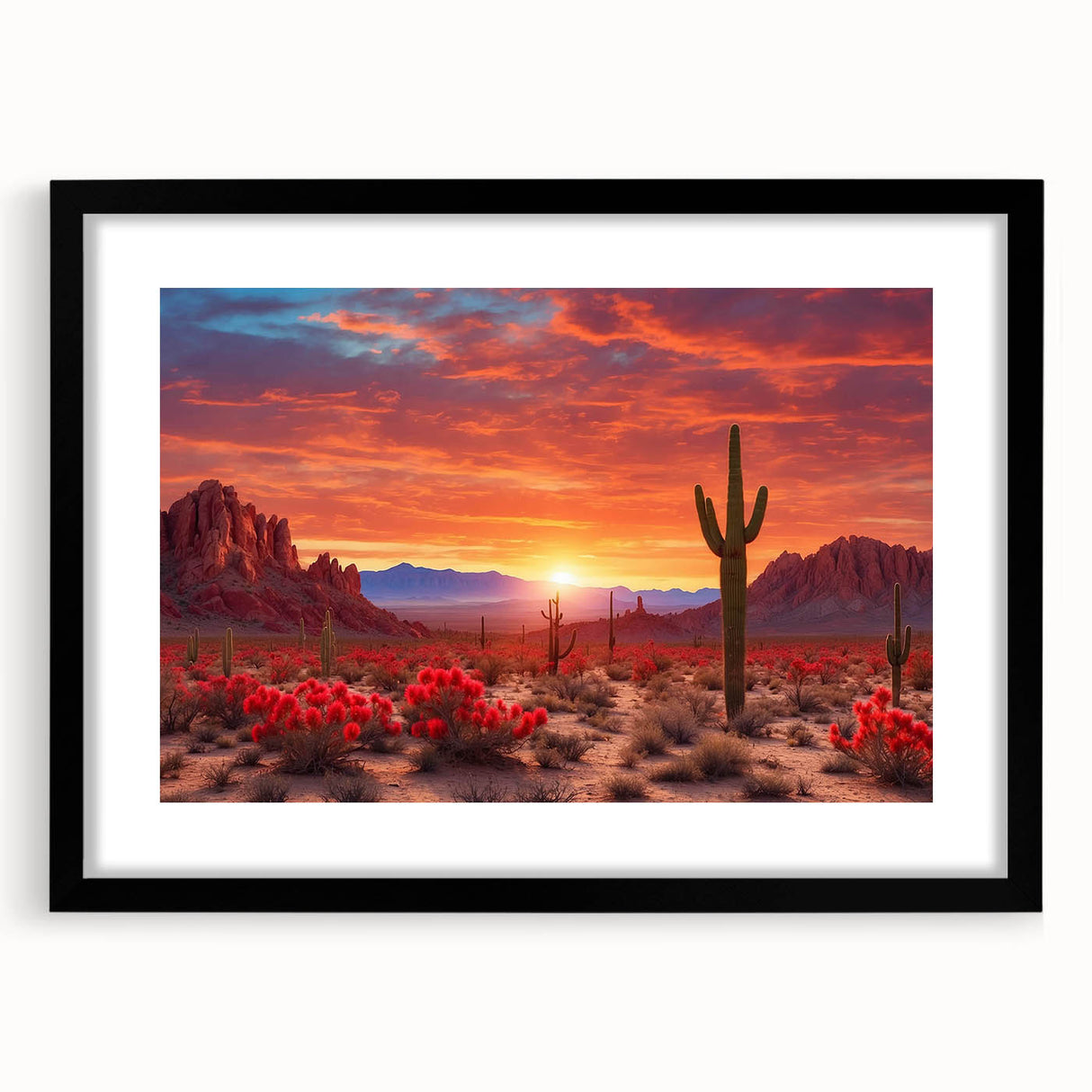 Framed wall art featuring a stunning desert landscape design in warm tones, presented with a black mat and frame, perfect for enhancing home decor.
