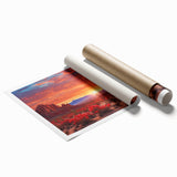 Desert landscape wall art print showcasing vibrant orange and yellow hues, rolled for easy shipping, perfect for enhancing modern home decor.