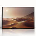 Framed acrylic wall art featuring a modern desert landscape design, presented in a sleek black frame with a glossy finish, perfect for home decor.