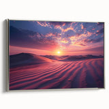 Framed canvas wall art showcasing a stunning desert landscape design with silver accents, perfect for modern home decor. The artwork features warm earthy tones that evoke a serene desert ambiance, ideal for enhancing living spaces.