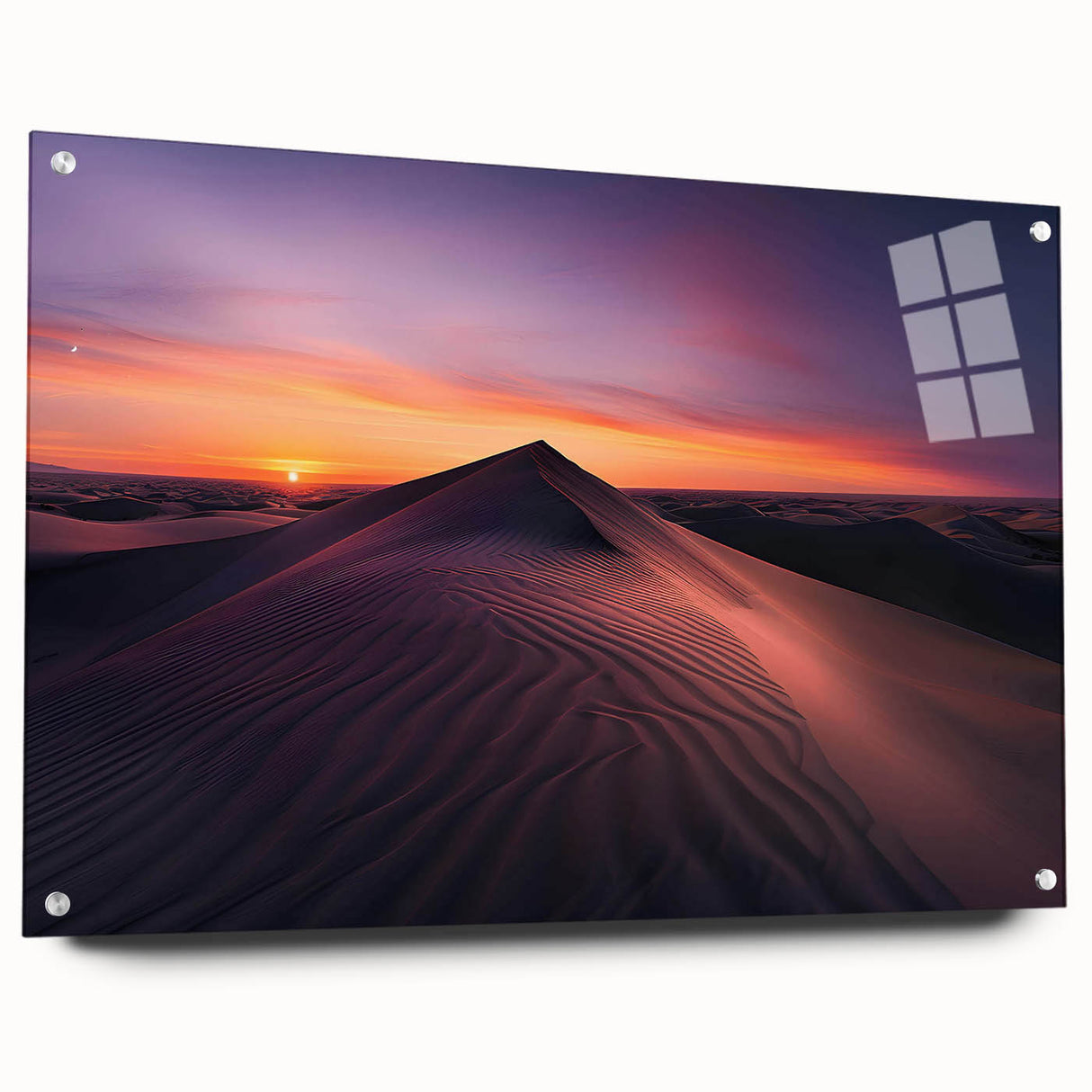 Acrylic wall art collection depicting a vibrant desert landscape design, showcasing warm earthy tones and intricate details, displayed on a side view with pins for hanging. This artwork adds a modern touch to home decor, perfect for those who appreciate nature-inspired designs.