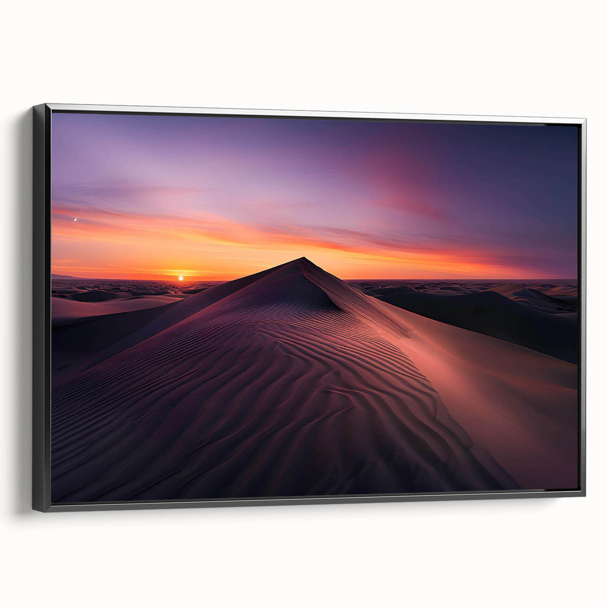 Framed canvas wall art featuring a desert landscape design, showcasing vibrant colors and intricate details, presented in a sleek black frame from the side view.