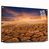 Acrylic glass wall art collection showcasing a vibrant desert landscape design, displayed in a modern setting with decorative pins, perfect for home decor.