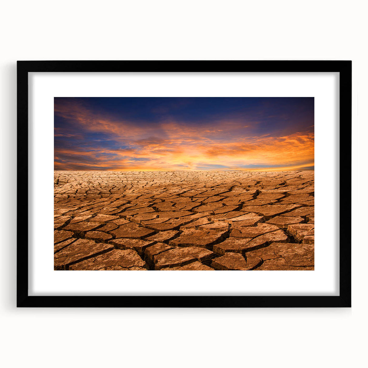 Framed wall art featuring a stunning desert landscape design in a black mat, showcasing vibrant colors and intricate details, perfect for home decor.