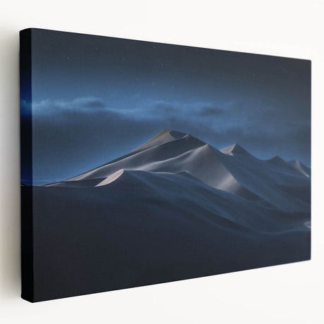 Stretched canvas wall art showcasing a serene desert landscape with golden dunes under a blue sky, ideal for home decor and adding a tranquil vibe to any room.