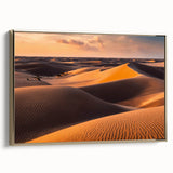 Framed canvas wall art showcasing a stunning desert dune landscape in warm golden hues, perfect for modern home decor. Side view highlights the elegant frame.