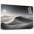 Acrylic wall art featuring a serene desert landscape with golden dunes and a clear blue sky, displayed from a side view with decorative pins for mounting. This piece enhances any living space with its vibrant colors and tranquil scene, perfect for nature lovers.