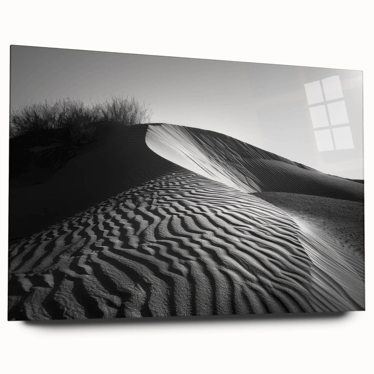 Acrylic glass wall art featuring a vibrant desert landscape with rolling sand dunes, side view showcasing sleek design without pins, perfect for modern decor.