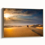 Framed canvas wall art depicting serene desert dunes in soft gold and beige tones, showcasing a side view of the dynamic landscape design, ideal for modern decor.