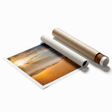 Textured rolled print depicting a serene desert landscape with golden sand dunes under a clear blue sky, ideal for modern home decor and wall art collections.