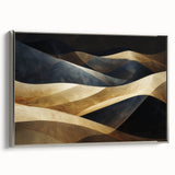 Framed wall art showcasing a serene landscape of rolling sand dunes in soft beige and gold tones, highlighted by a sleek silver frame, perfect for modern decor.