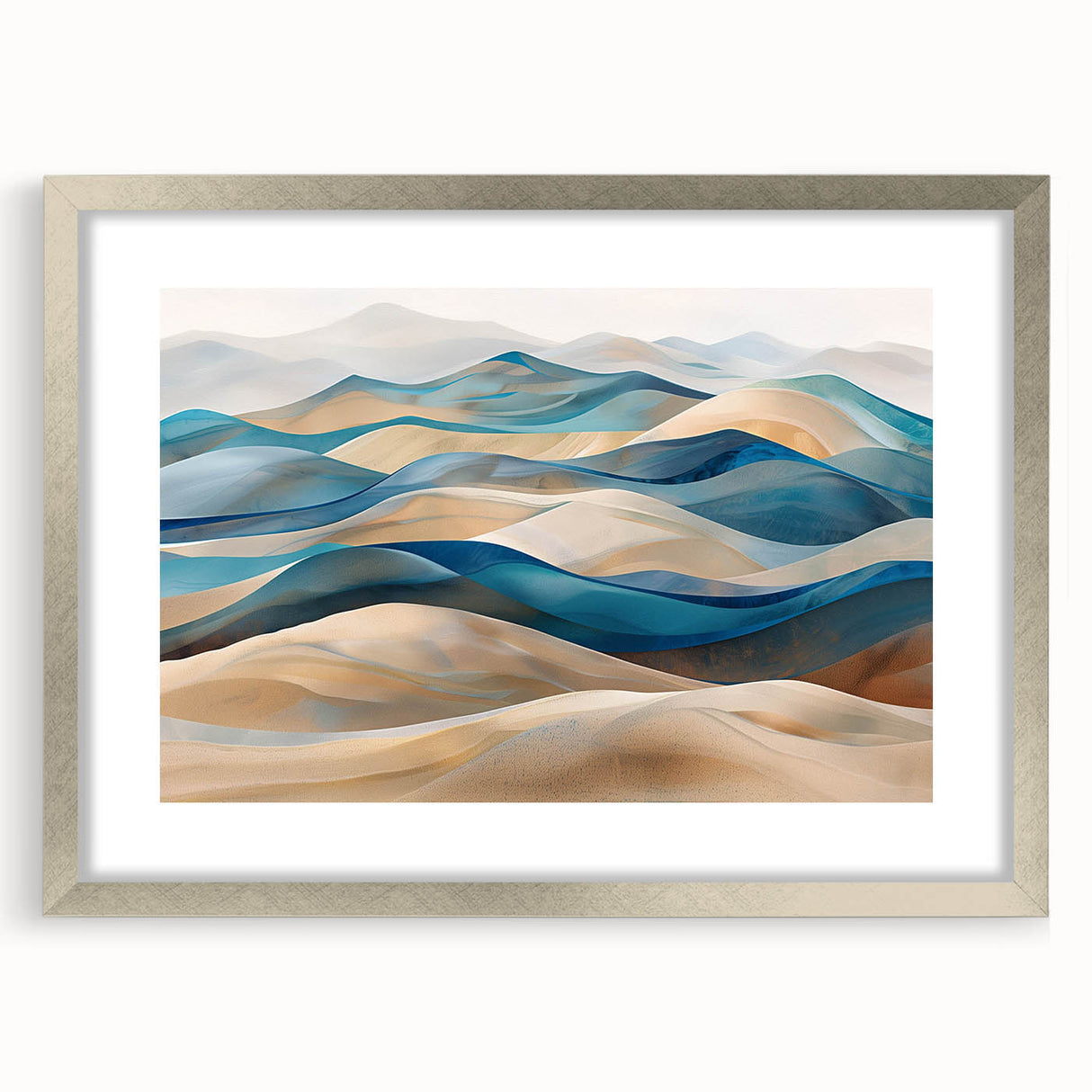 Framed wall art depicting serene desert dunes in soft beige and gold tones, featuring a stylish silver mat and frame, perfect for modern home decor.