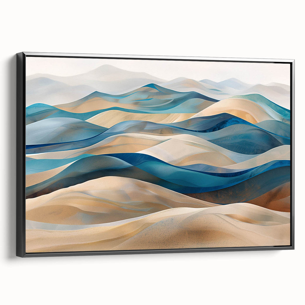 Framed canvas wall art featuring an abstract desert dunes design in earthy tones, showcasing a black frame and side view, perfect for modern decor.