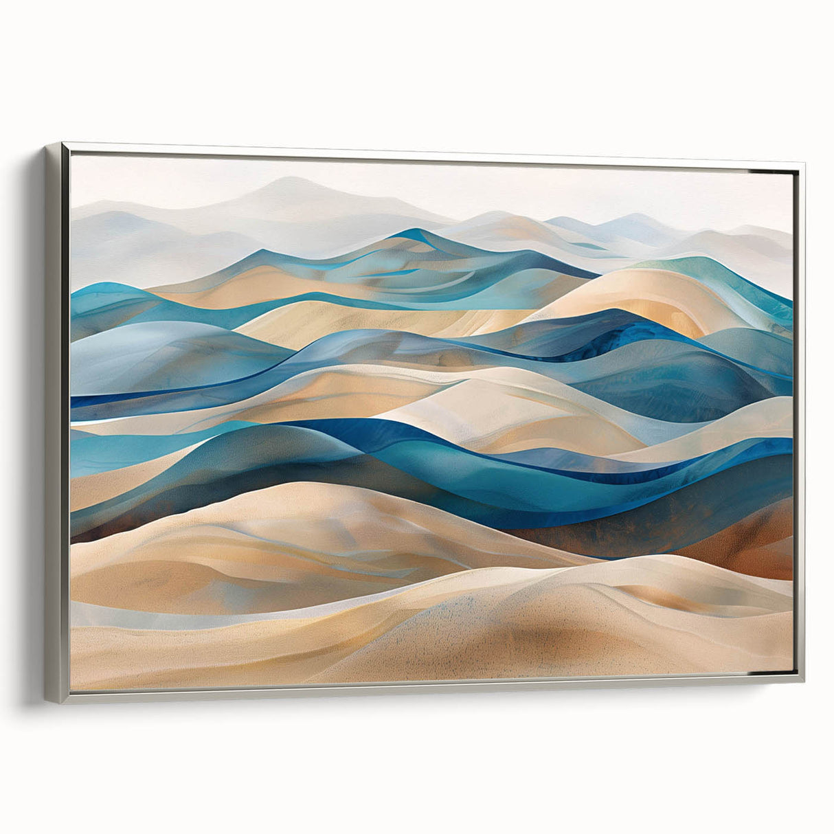 Framed canvas wall art featuring a serene desert landscape with golden dunes, elegantly displayed with a sleek silver frame, perfect for modern home decor.
