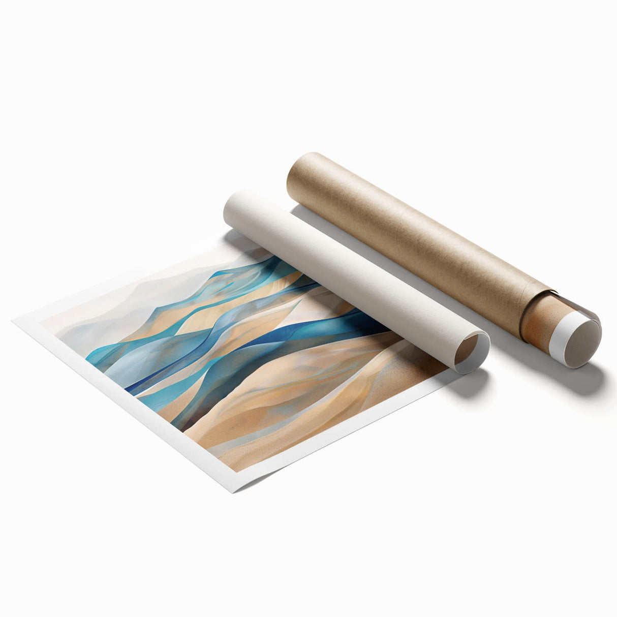 Vibrant landscape wall art print showcasing serene sand dunes at sunset, featuring warm golden and orange hues, rolled for easy display and transport.