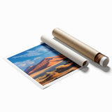 Desert landscape wall art print showcasing vibrant sand dunes in warm hues, rolled and securely packaged in a protective cardboard tube for easy display.