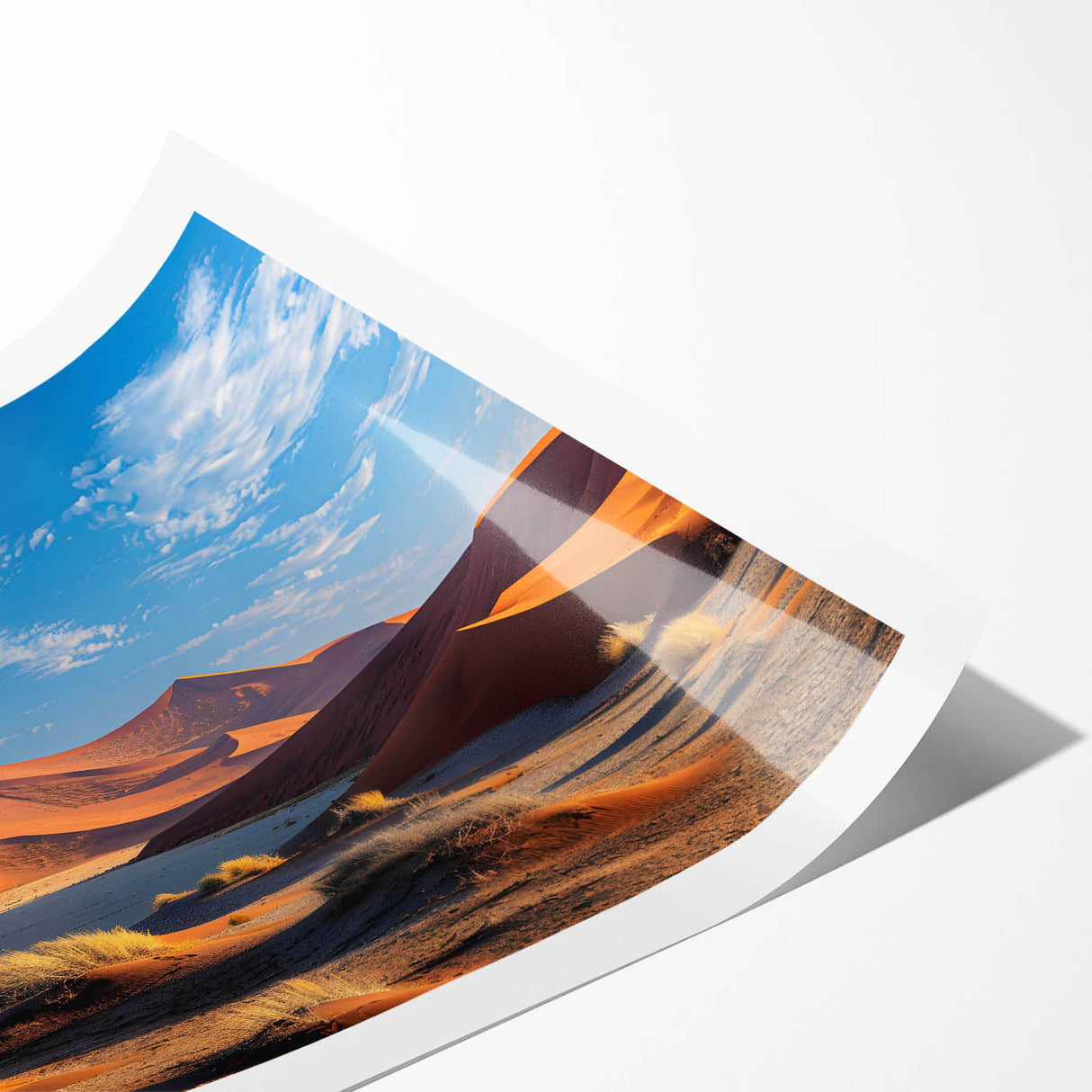 Abstract desert landscape print showcasing soft sand dunes in warm earthy tones, designed for wall art display, rolled for easy shipping and framing.