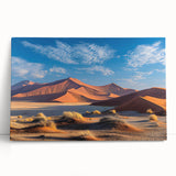 Stretched canvas artwork showcasing a vibrant desert dune landscape with warm tones, ideal for modern home decor. Perfect for enhancing living spaces and adding a touch of nature.