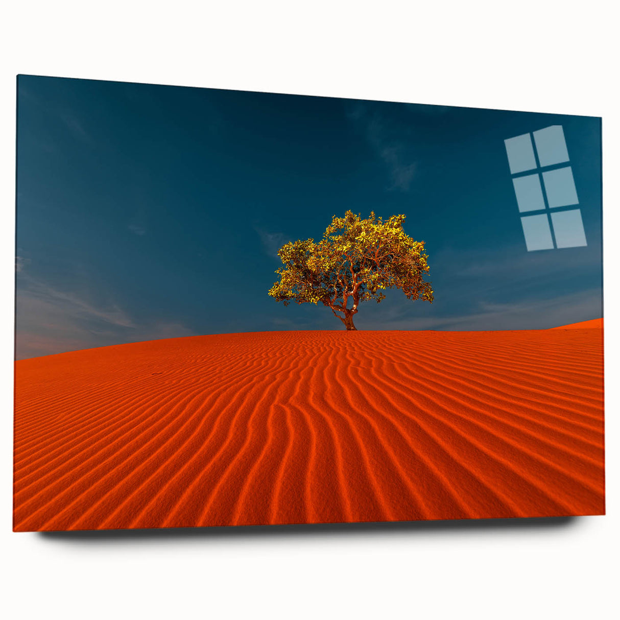 Acrylic glass wall art depicting serene desert landscapes with rolling dunes, showcasing a modern design in a side view layout, ideal for home decor.