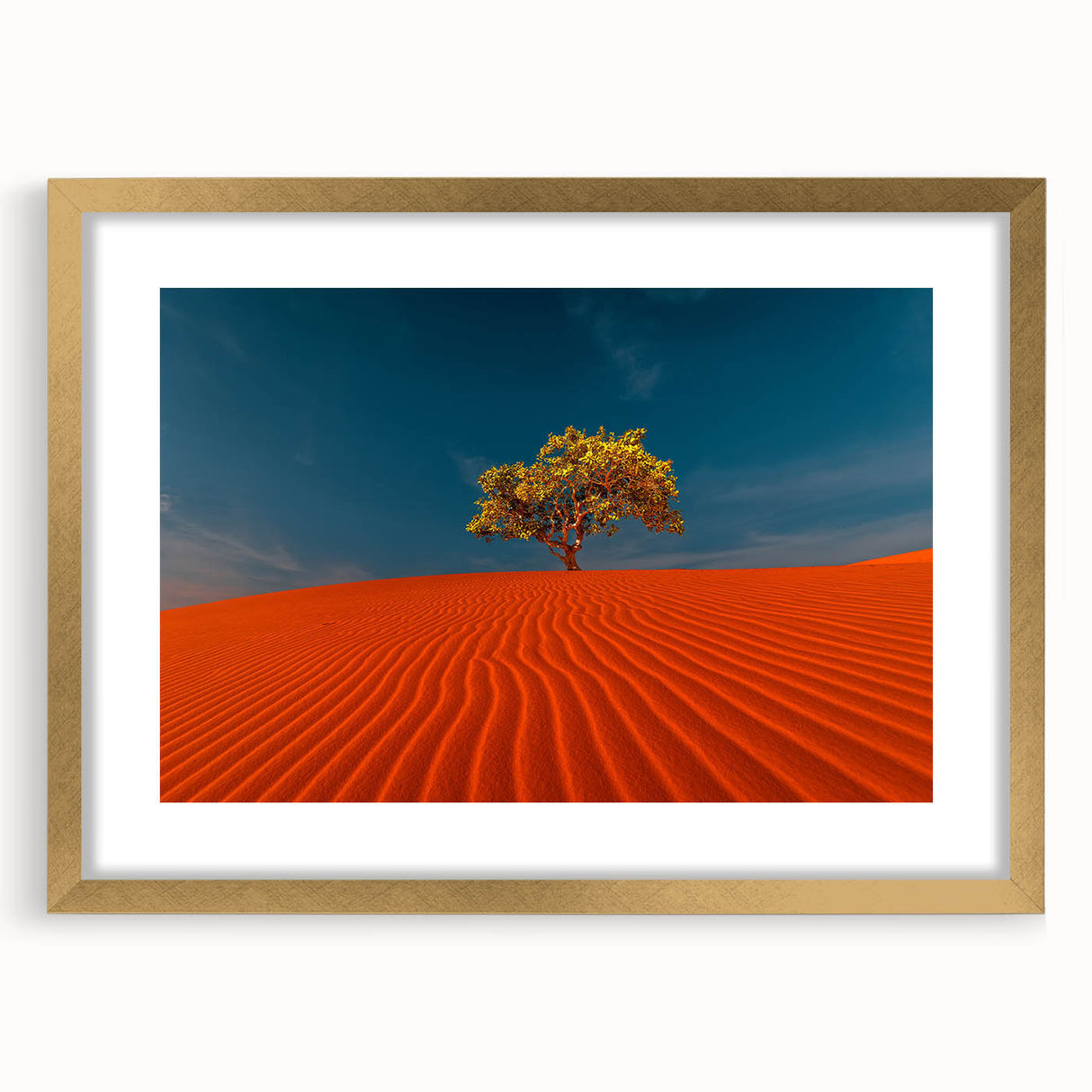 Framed wall art showcasing a serene desert landscape with golden dunes, elegantly matted and ready to enhance any home decor. Ideal for modern interiors.