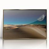 Framed acrylic wall art showcasing a stunning desert dunes landscape design with gold accents, perfect for modern decor and creating a serene ambiance.