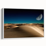 Framed canvas wall art showcasing a serene desert dune landscape in warm beige and soft blue tones, perfect for adding a calming touch to home decor.