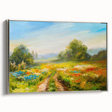 Framed canvas art piece showcasing a serene landscape with vibrant fields and a silver frame, designed to enhance home decor with a touch of elegance. The artwork captures natural beauty, making it an ideal centerpiece for any room.