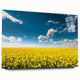 Acrylic glass wall art collection showcasing vibrant landscape fields design, elegantly displayed from the side, secured with decorative pins for a modern touch.