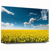 Acrylic glass wall art collection showcasing vibrant landscape fields design, elegantly displayed from the side, secured with decorative pins for a modern touch.