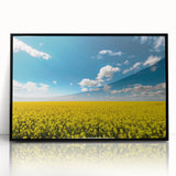 Framed acrylic wall art featuring a vibrant landscape design with fields and greenery, showcased in a sleek black frame, ideal for home decor.