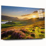 Acrylic wall art collection showcasing a vibrant landscape scene with lush green fields and a serene sky, displayed from a side view without pins, ideal for modern decor.