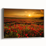 Framed canvas artwork showcasing a serene landscape of rolling fields in soft greens and golds, with a sleek silver frame, ideal for enhancing home decor.